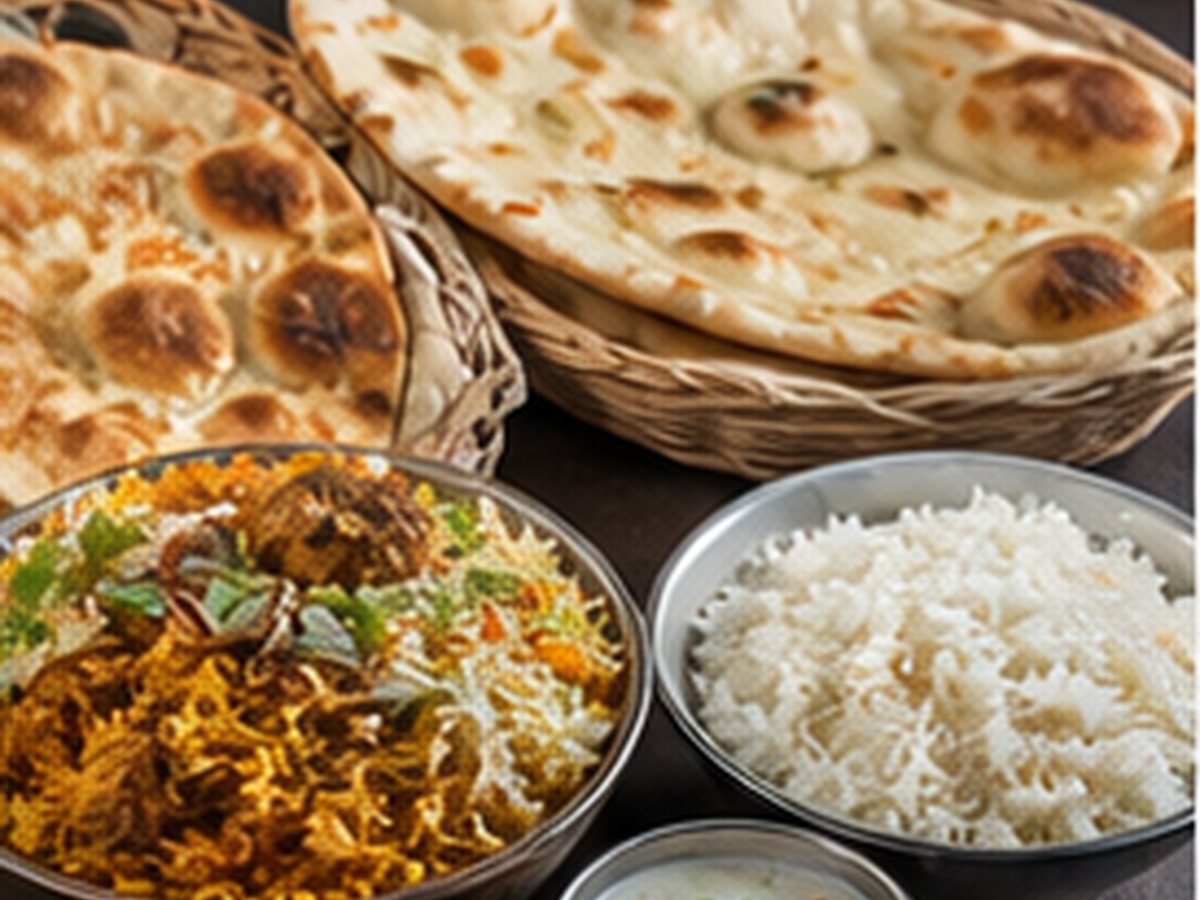 Indian biryani rice and naan dishes